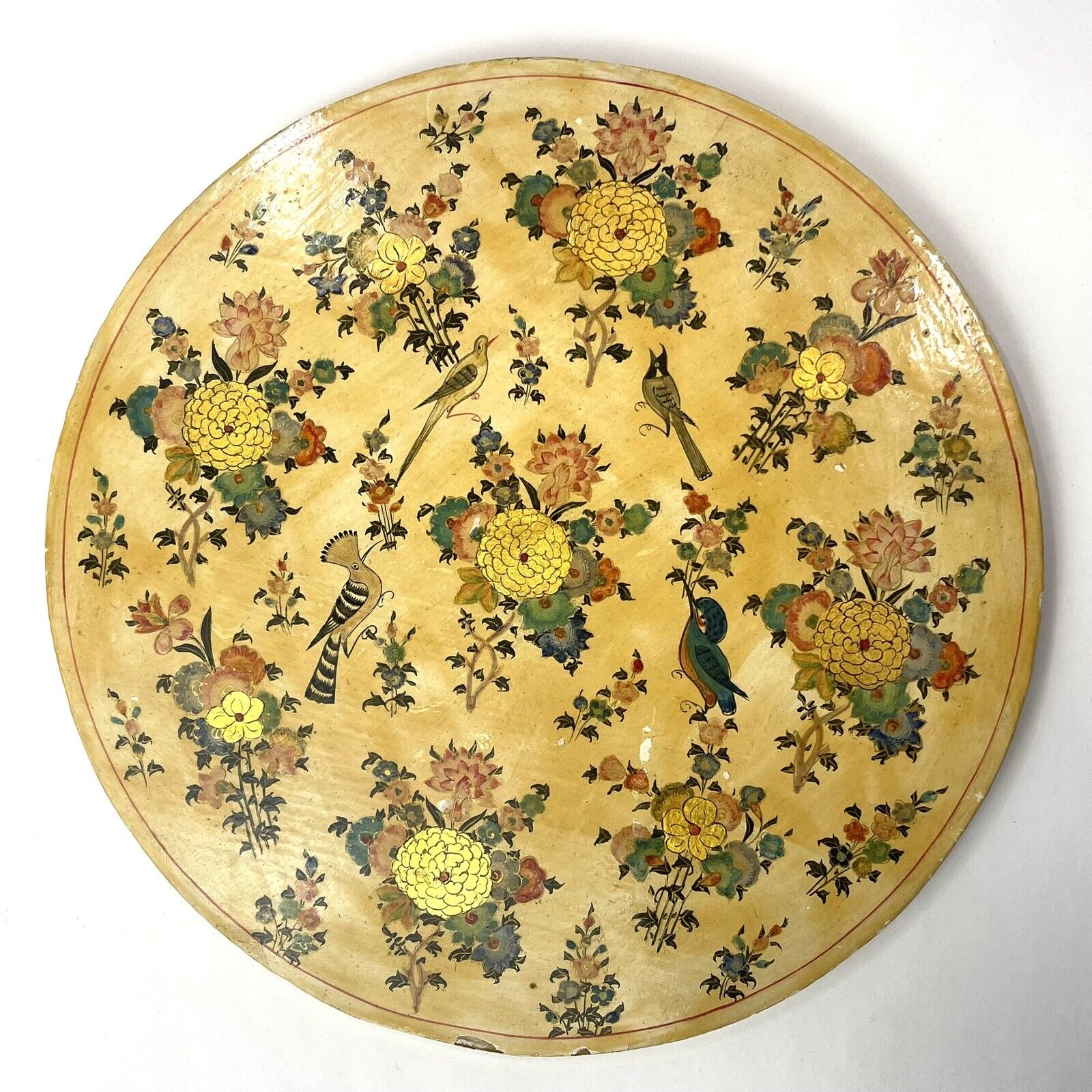 Vintage Lacquer Wood Trivet Wall Plate Oriental Birds Gold Leaf 8.25” Flowers