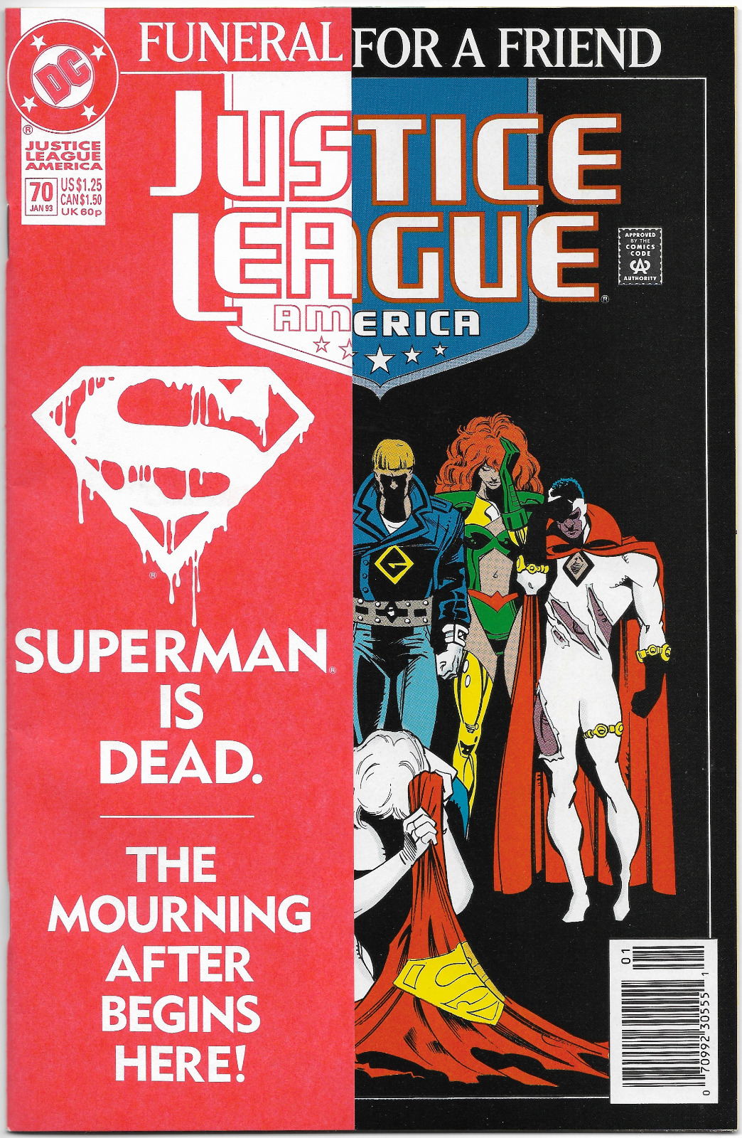 Justice League America #70 1993 DC Comic FUNERAL FOR A FRIEND w/ Outer Cover