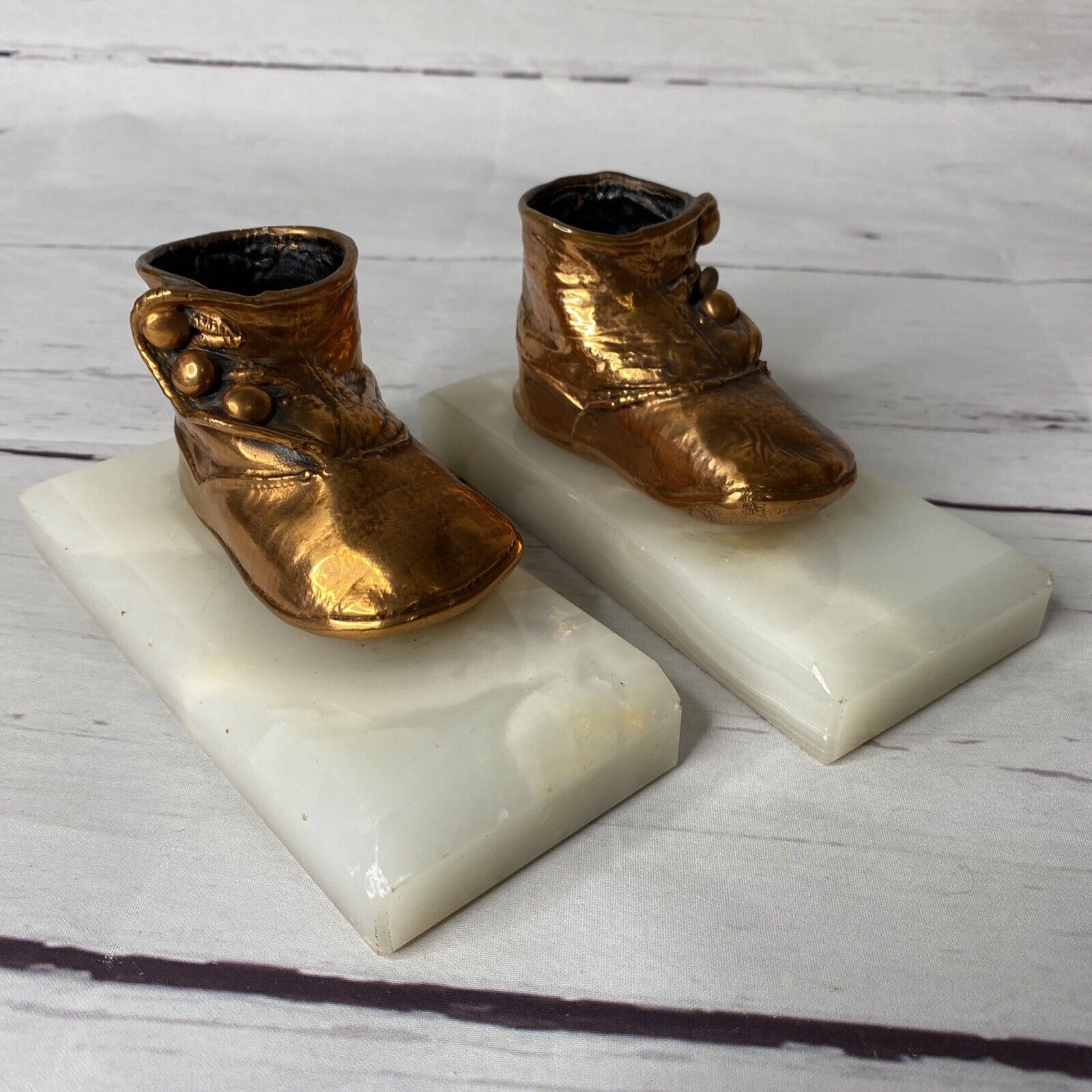 Antique Victorian Bronzed Baby Shoes Book Ends On Onyx or Marble