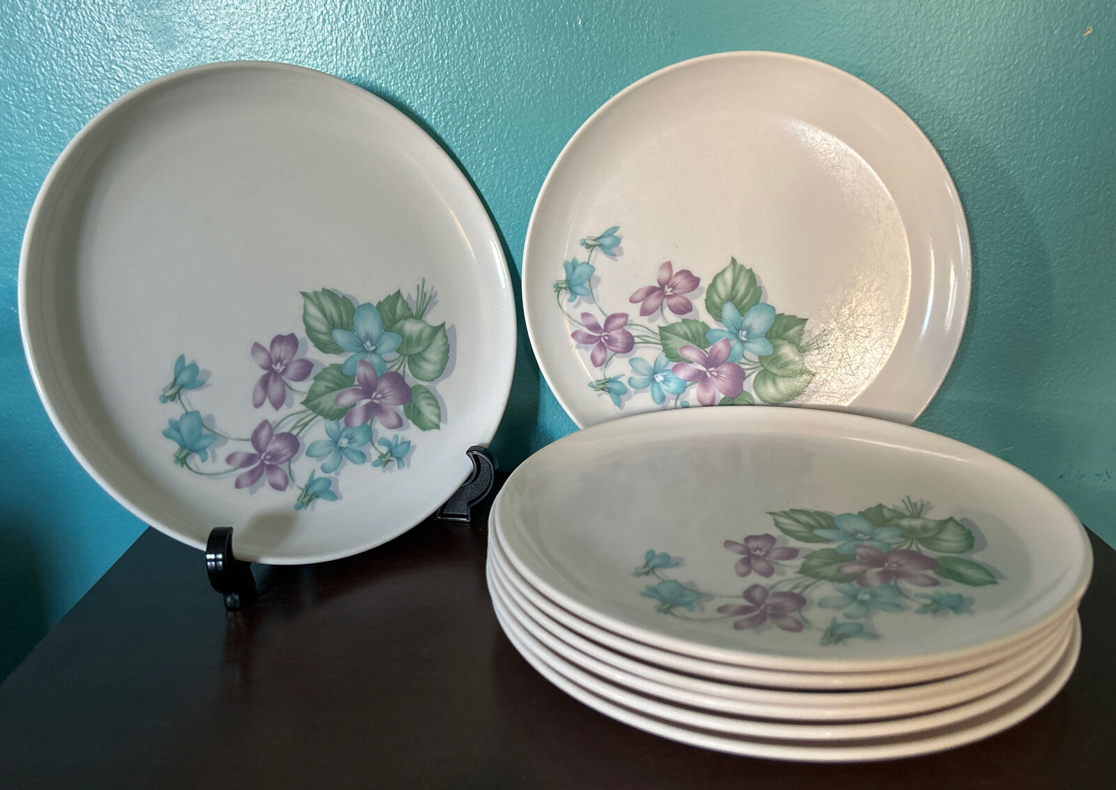 Vintage Royalon Melmac 9.25” Dinner Plates Purple Corsage Set of 8 Blue Violets