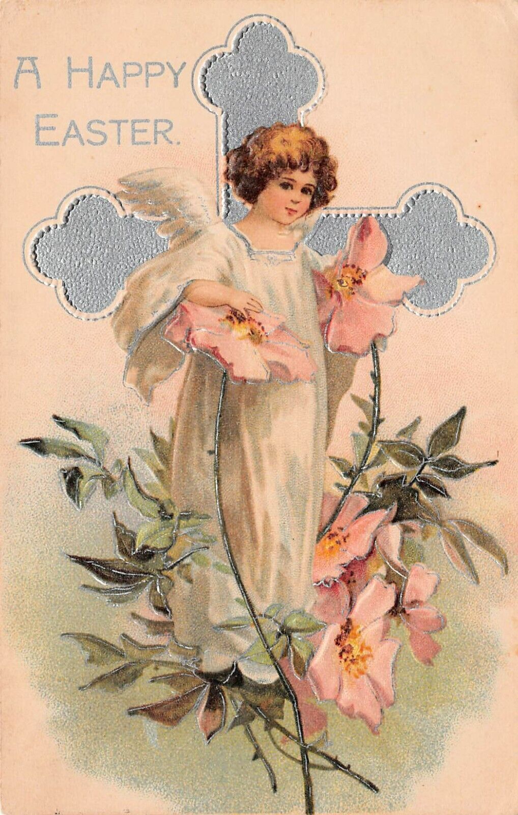 Antique Easter Card Miniature Cherub on Wild Dog Rose Campton NH Vtg Postcard W4