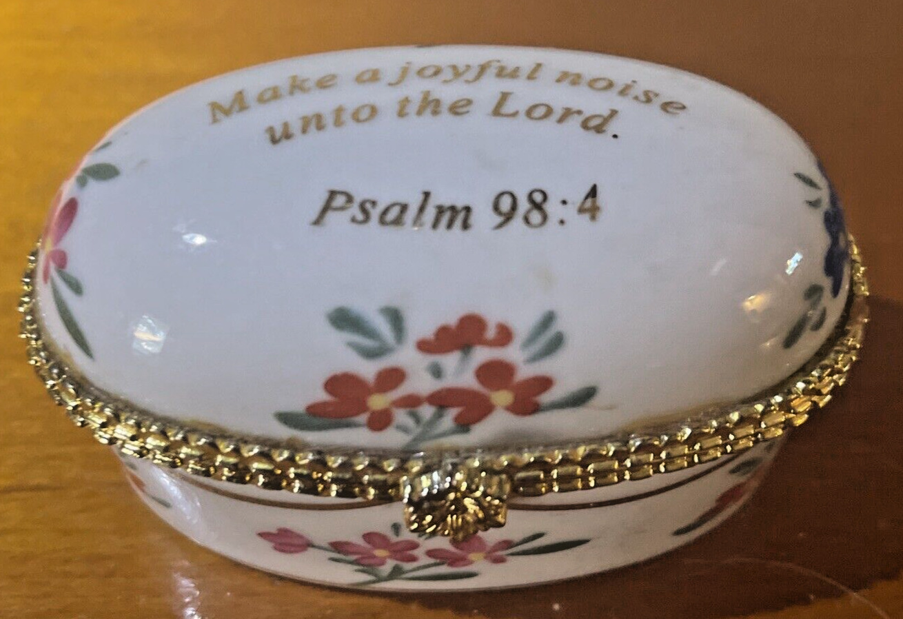 Vintage Imperial Porcelain Trinket Box Psalm 98:4 on Lid, Beautiful Item EUC