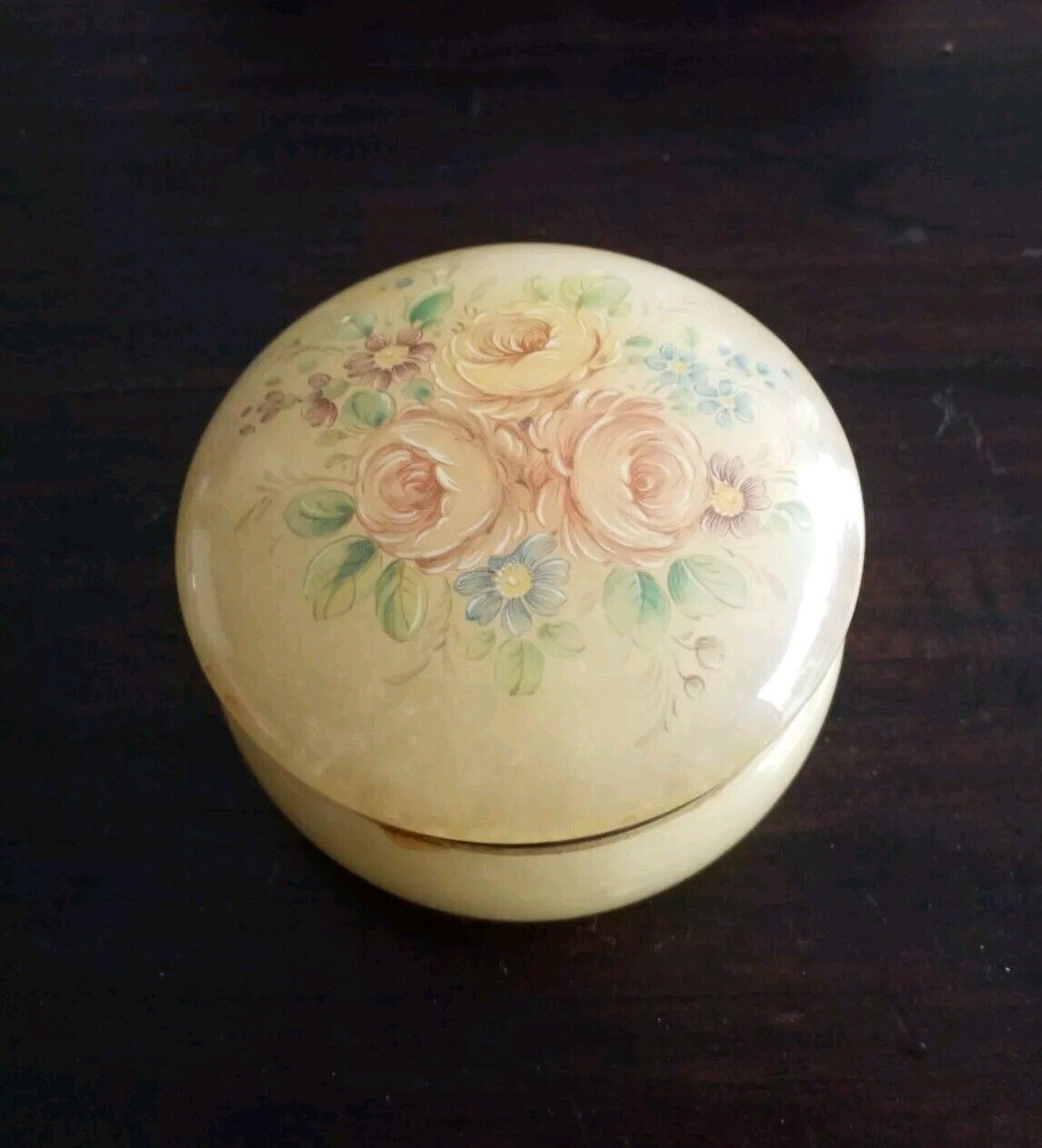 Vintage Alabaster Round Powder Jar & Pink Puff Floral Hand Painted Roses 2.75\