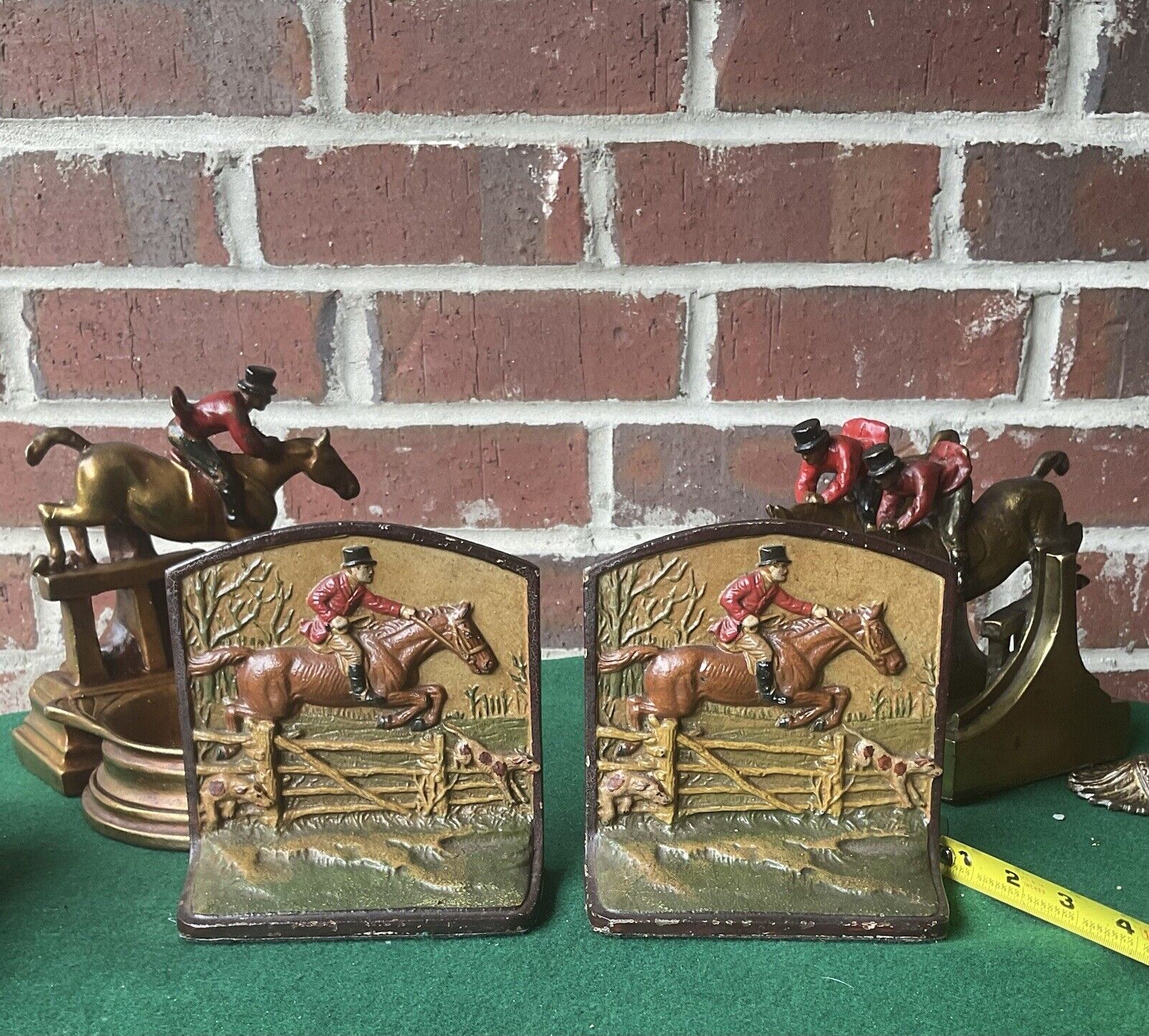 antique Hubley bookends, The Fox Chase, c. 1925, #215, painted Cast Iron
