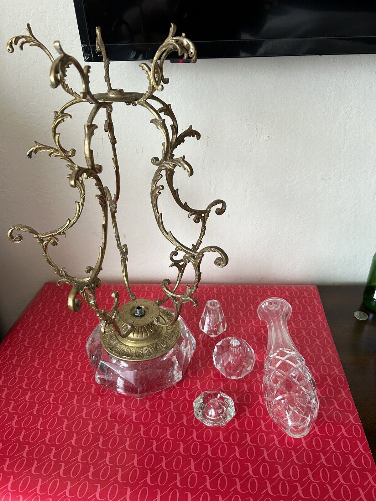 Antique Vintage Brass Crystal Table Lamp Base