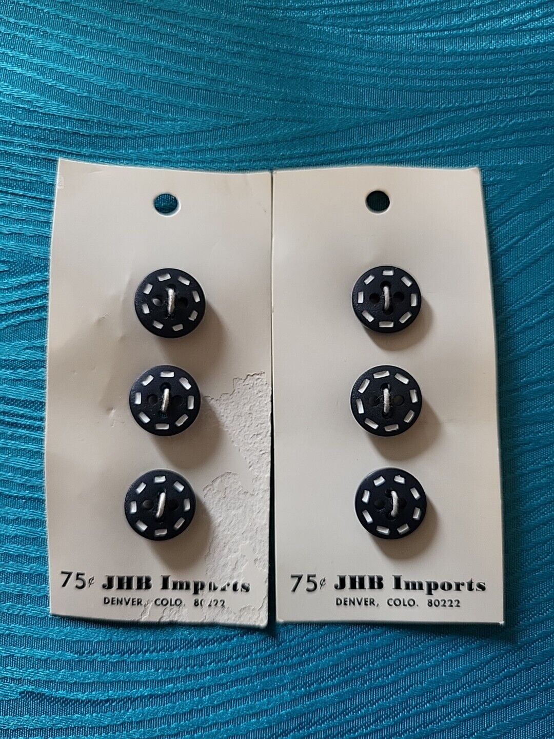 2x Vintage JHB Imports Buttons on Card Navy Blue & White Round 4-Hole Flat 1/2\