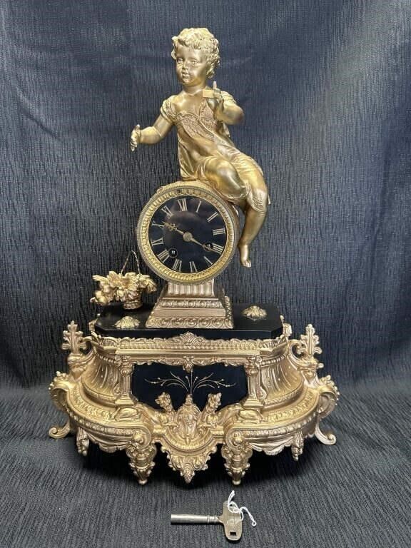 Antique Slate Mantle French Statue Clock Large mantle Gilt on tin clock