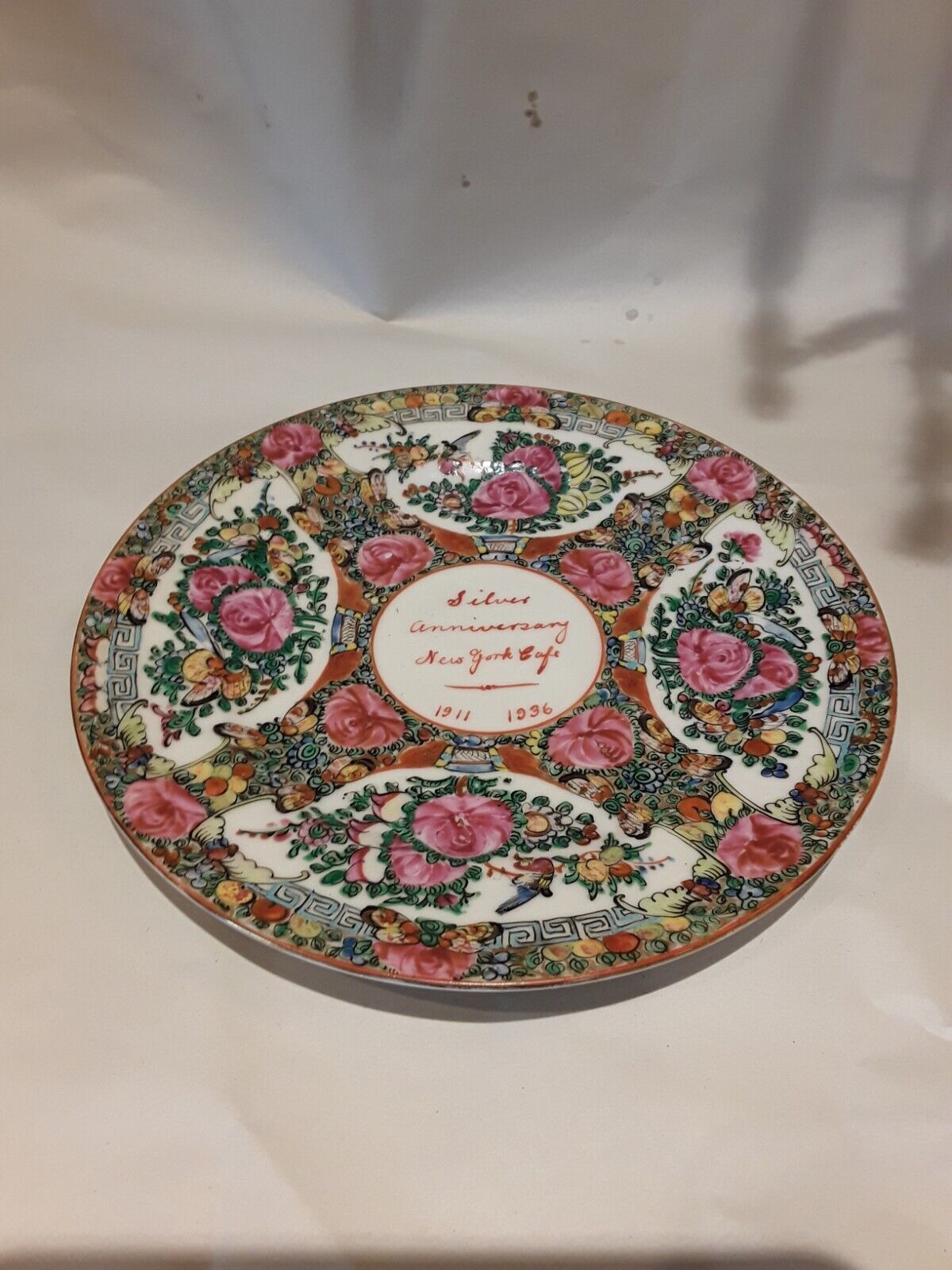 Rare 1936 Chinese porcelain rose plate. For Silver Anniversary of New York Cafe.