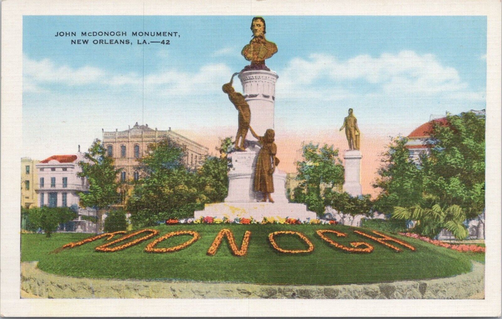 Linen PC * Louisiana New Orleans View of John McDonough Monument 1940s