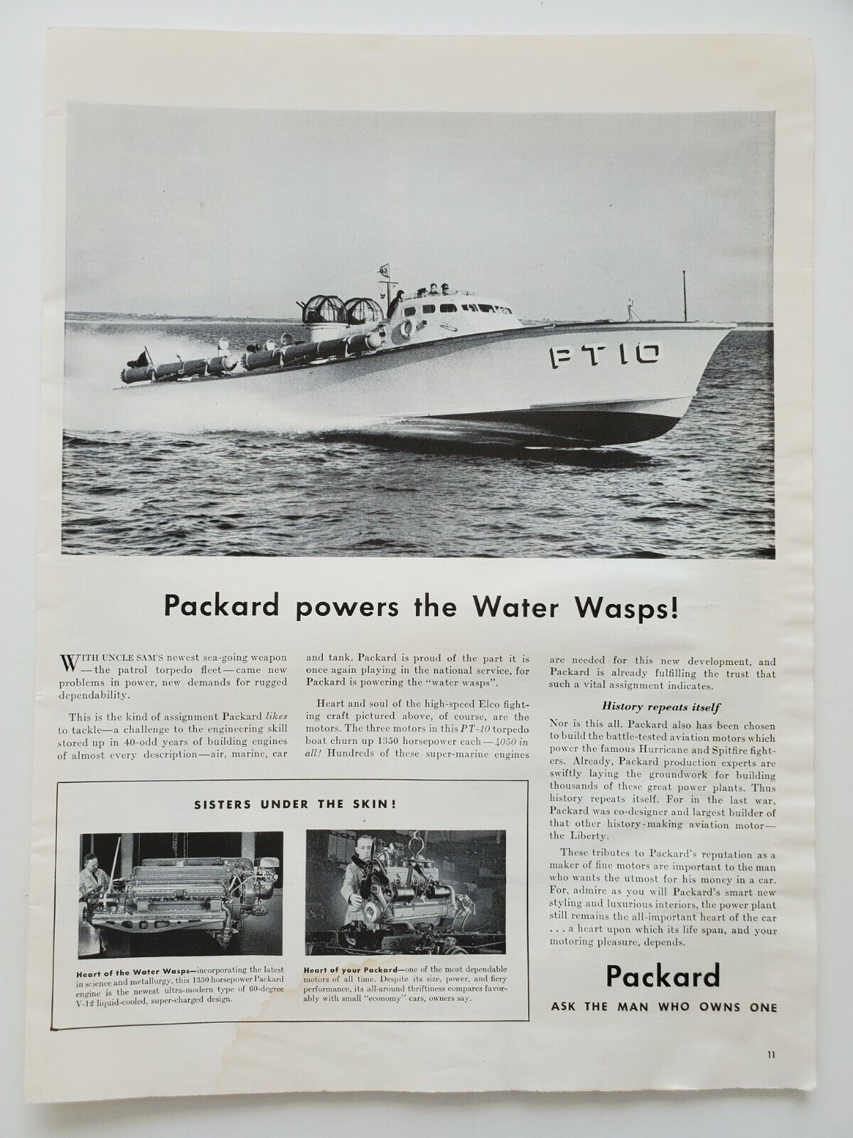 Packer Powered Water Wasp PT 10 Boat Water 1350 hp Engine 1941 Vintage Print Ad