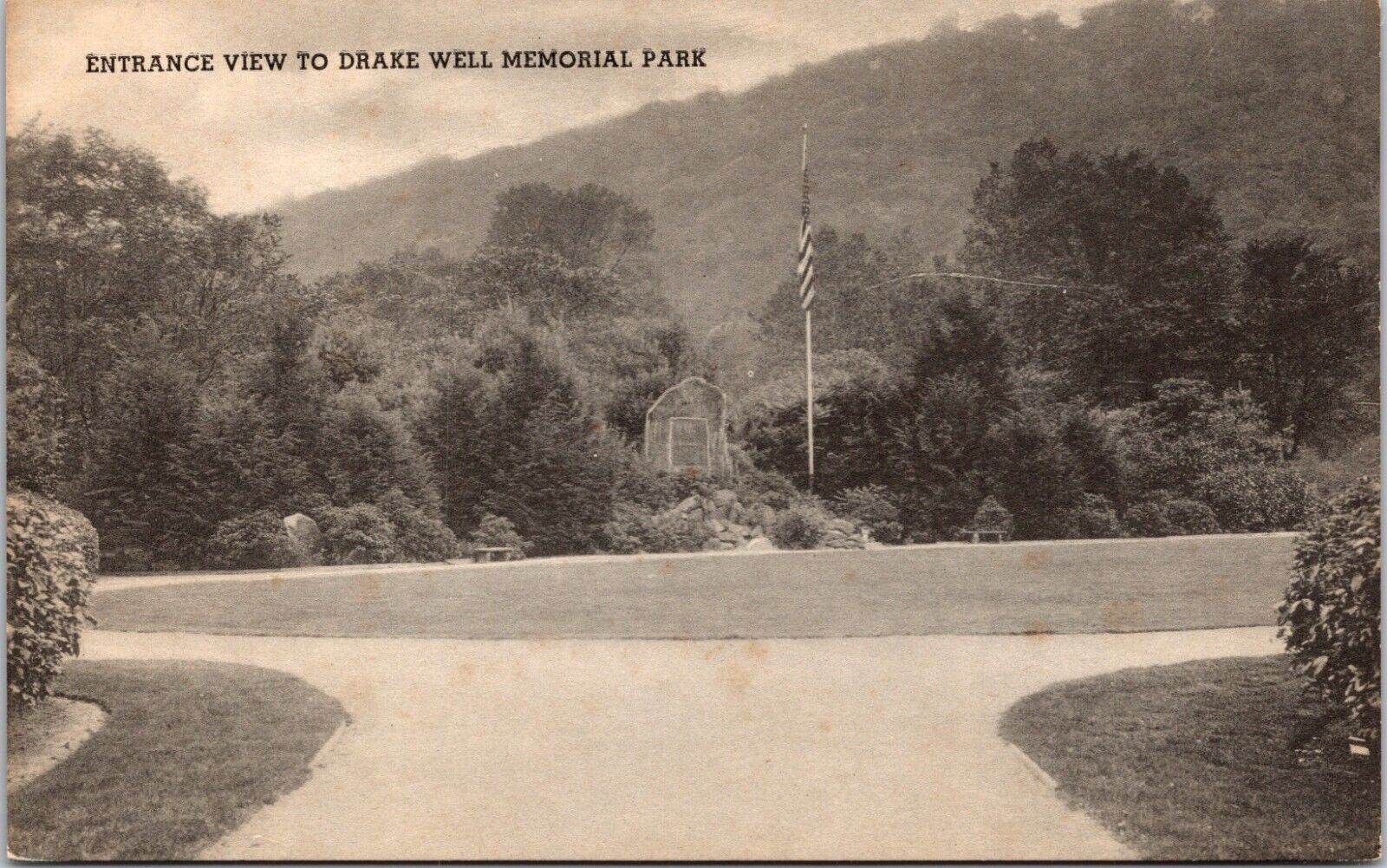 Entrance View to Drake Well Memorial Park Titusville PA Unposted Postcard B48