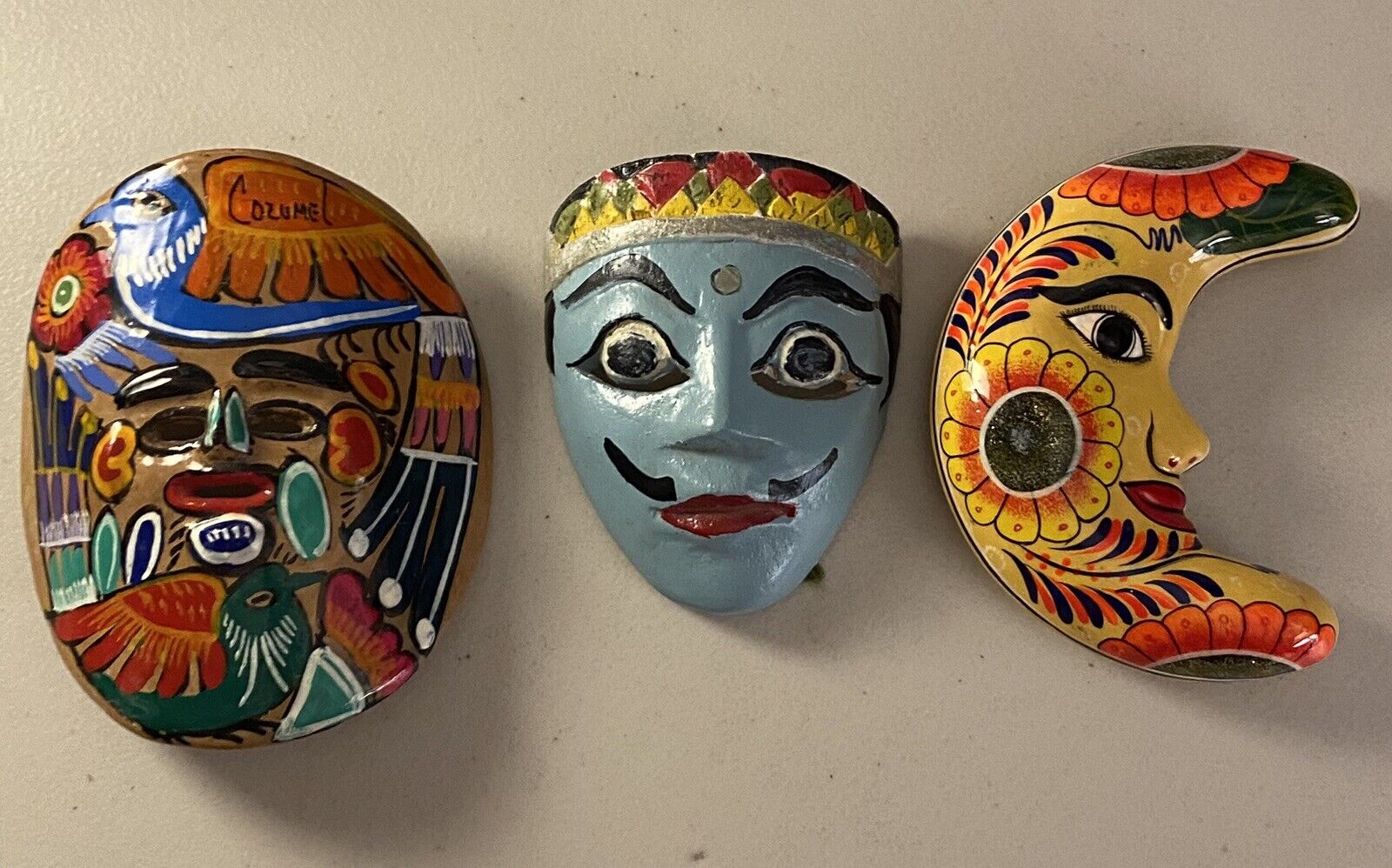 Handmade Mexican Pottery Mask , Wooden Javanese Mask and Moon Pottery Hanging