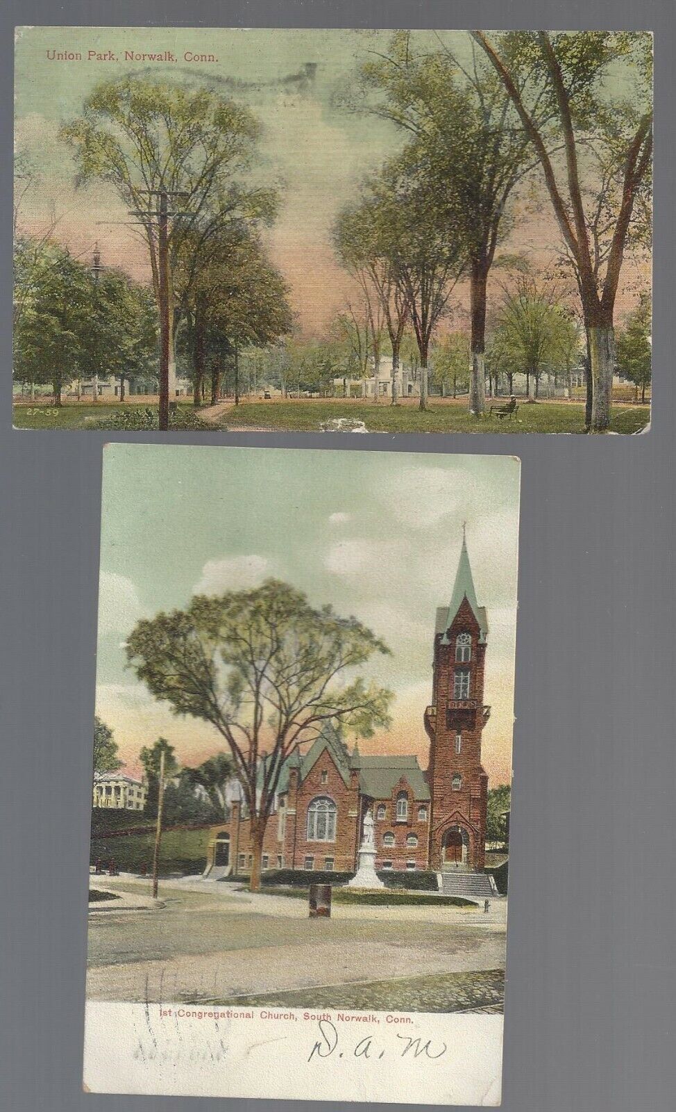 2 1913 Norwalk Conn postcards Union Park & 1st Congressional Church S. Norwalk
