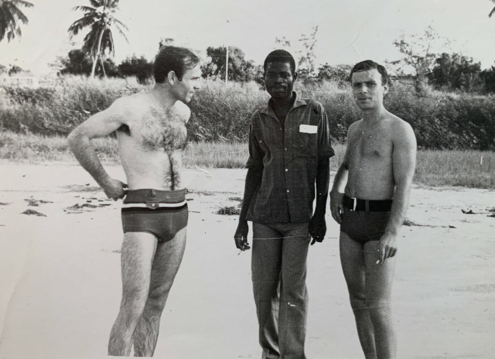 Shirtless Affectionate Men Trunks Bulge African American Gay Interest Vtg Photo