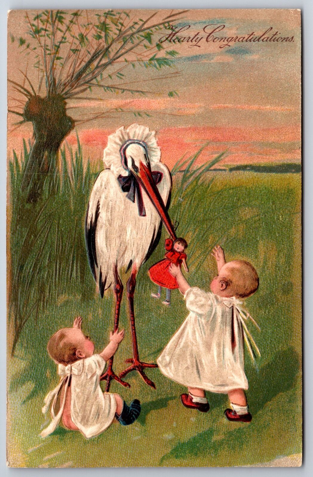 PFB Fantasy~Stork in Bonnet Brings Doll to Two Baby Girls~Embossed~Series 6289