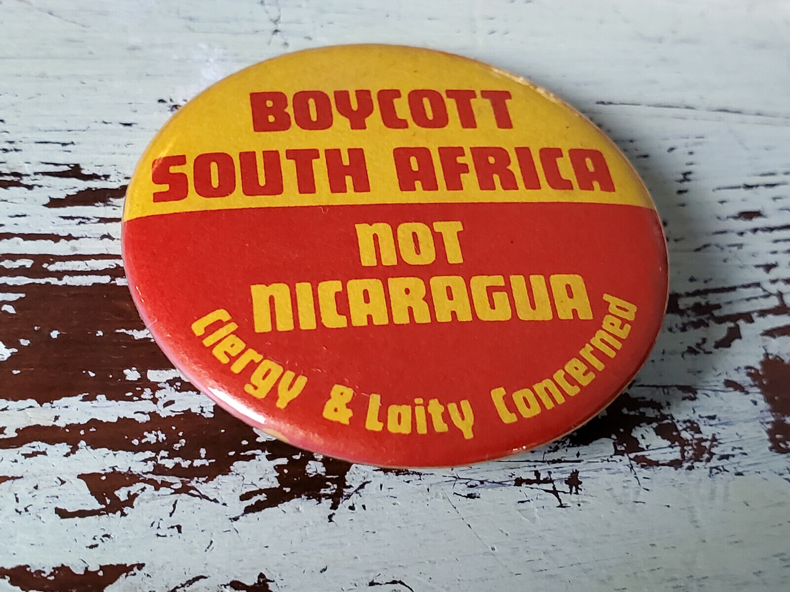 Vintage Boycott South Africa; Not Nicaragua; Clergy & Laity Concerned (1980) Pin