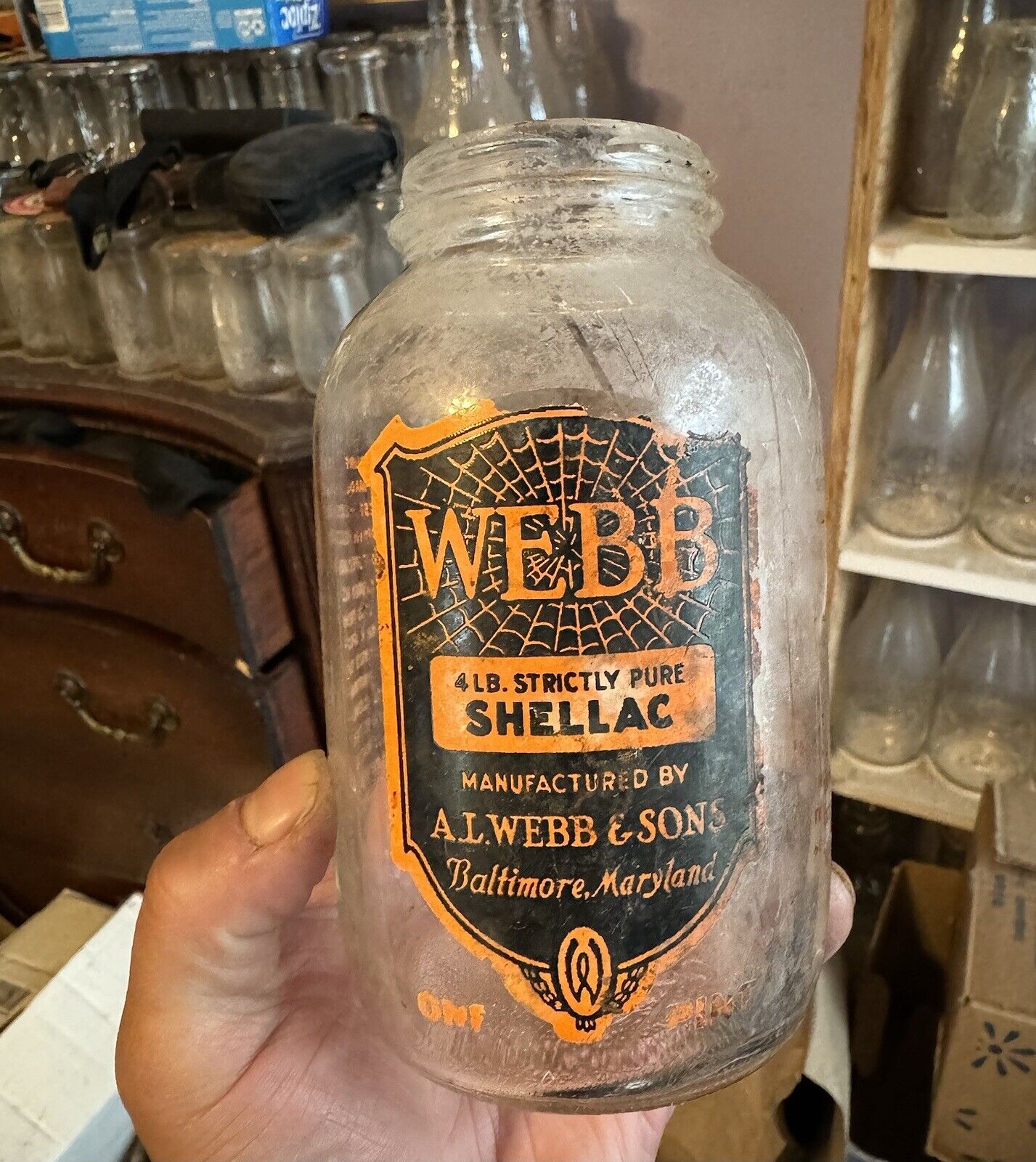 Rare Webb Shellac Baltimore MD Orange Black ACL Jar 1950 Pint Dug Gas Oil Old