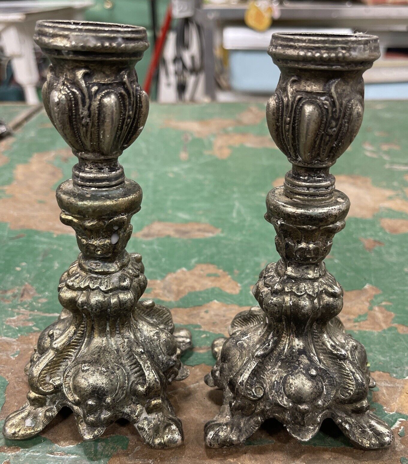 2 Matching Vintage Short Italian Design Brass Looking Candlestick Holders 6”