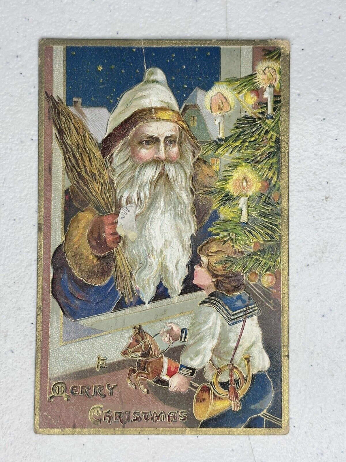 Antique Christmas Postcard Blue Santa Embossed Festive Collectible Rare Find