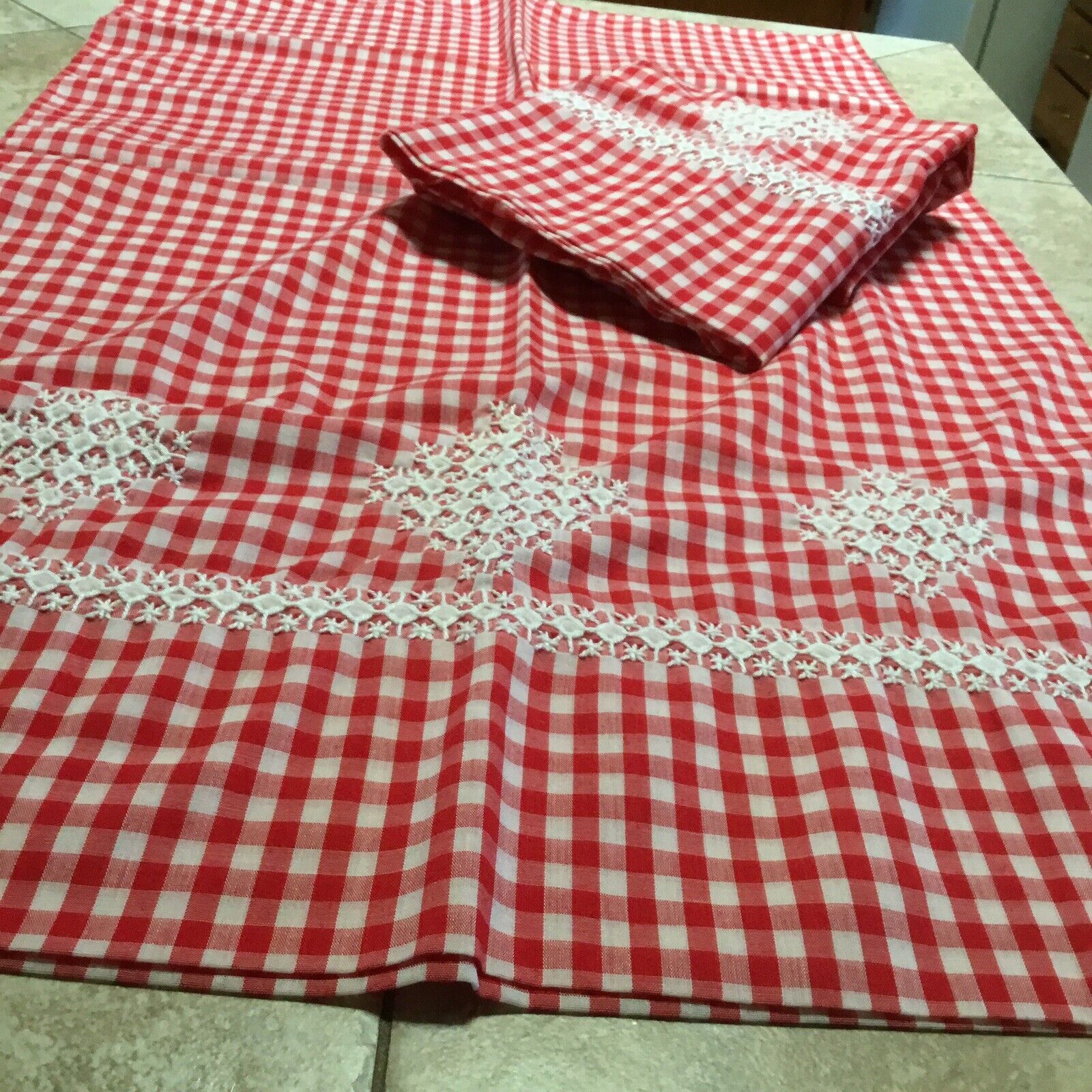 PAIR  RED AND WHITE GINGHAM PILLOWCASES With CHICKEN SCRATCH EMBROIDERY