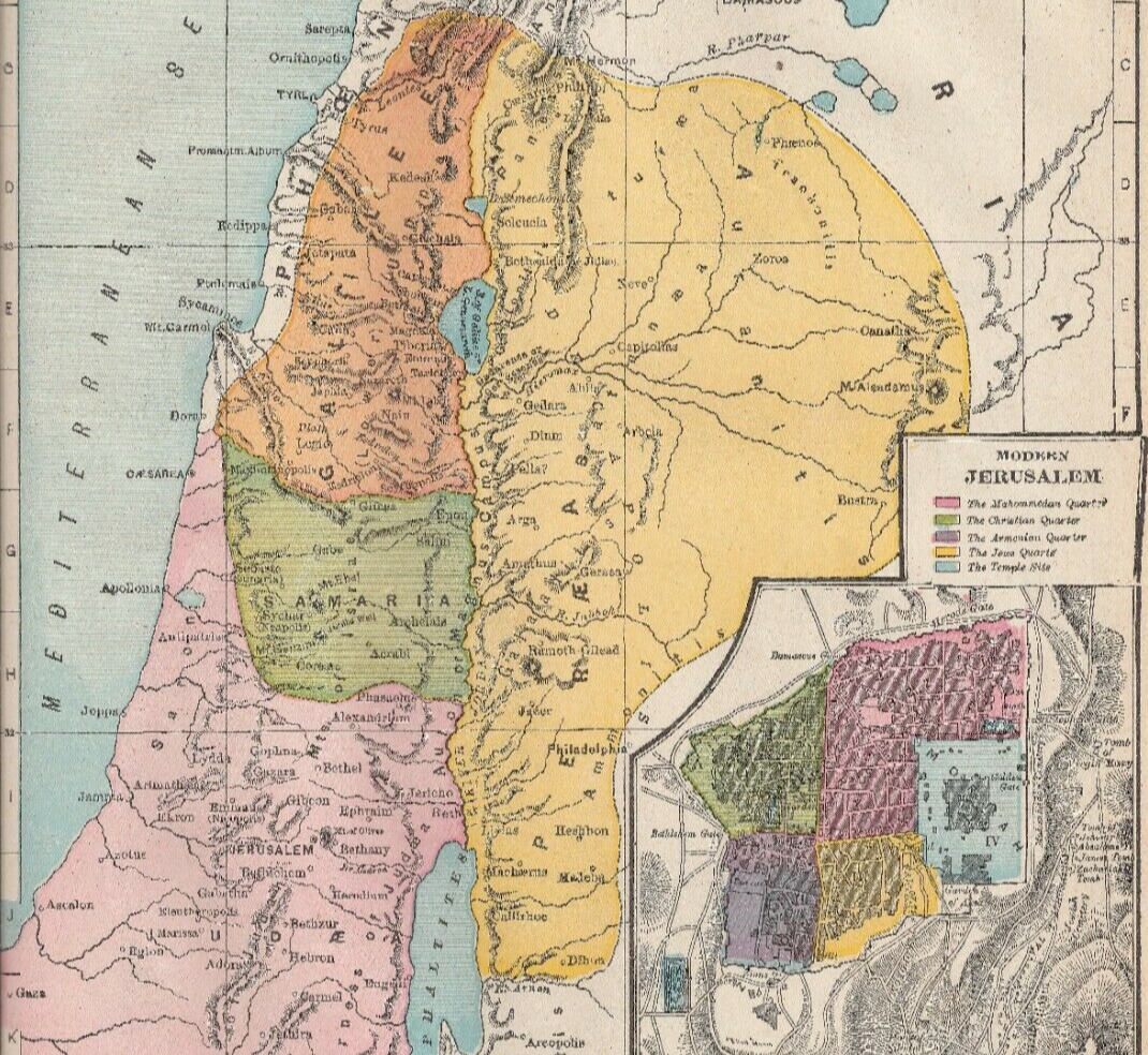 1892 Map of Palestine, Journeys of Christ, Modern Jerusalem, more (9x11 pages)