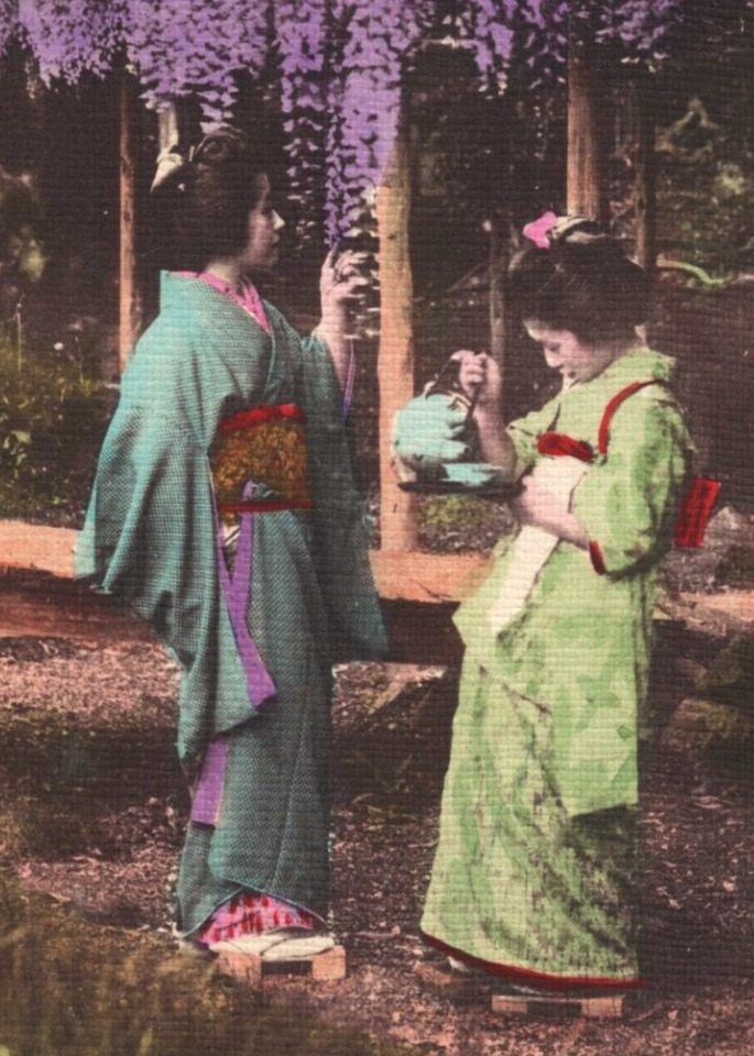 Geishas Standing Under Wisteria Hand Color Japan Carte Postale Postcard
