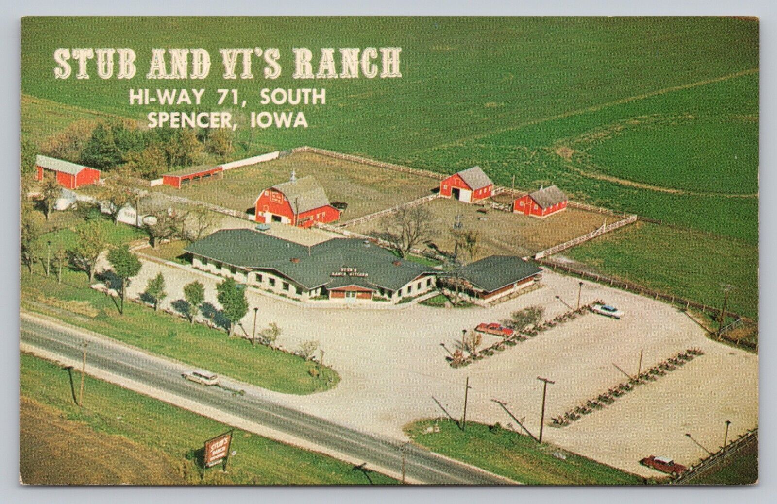 Postcard IA Spencer Aerial View Stub\'s Ranch Kitchen Tasty Food Buggy Whip A3
