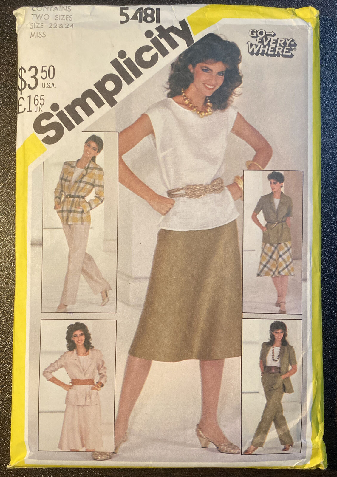 Simplicity 5481 Sizes 22 & 24 Skirt Top Pants Jacket 80s Sewing Pattern Uncut