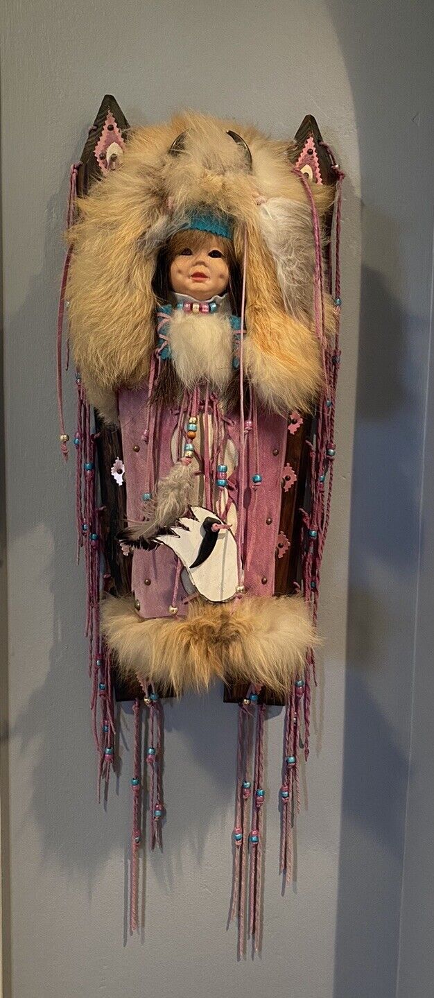 Native American Cradleboard - Numbered 94/500 - 23” Fur Leather Beaded Hanging
