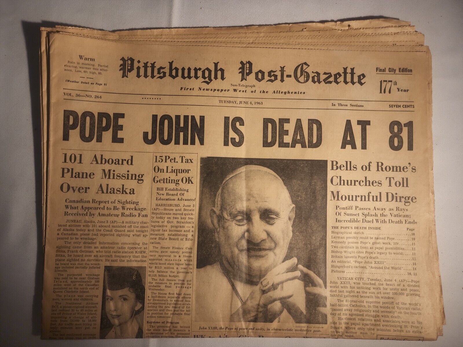 1963 June 4 Pittsburgh Post-Gazette POPE JOHN IS DEAD AT 81  (MH51)