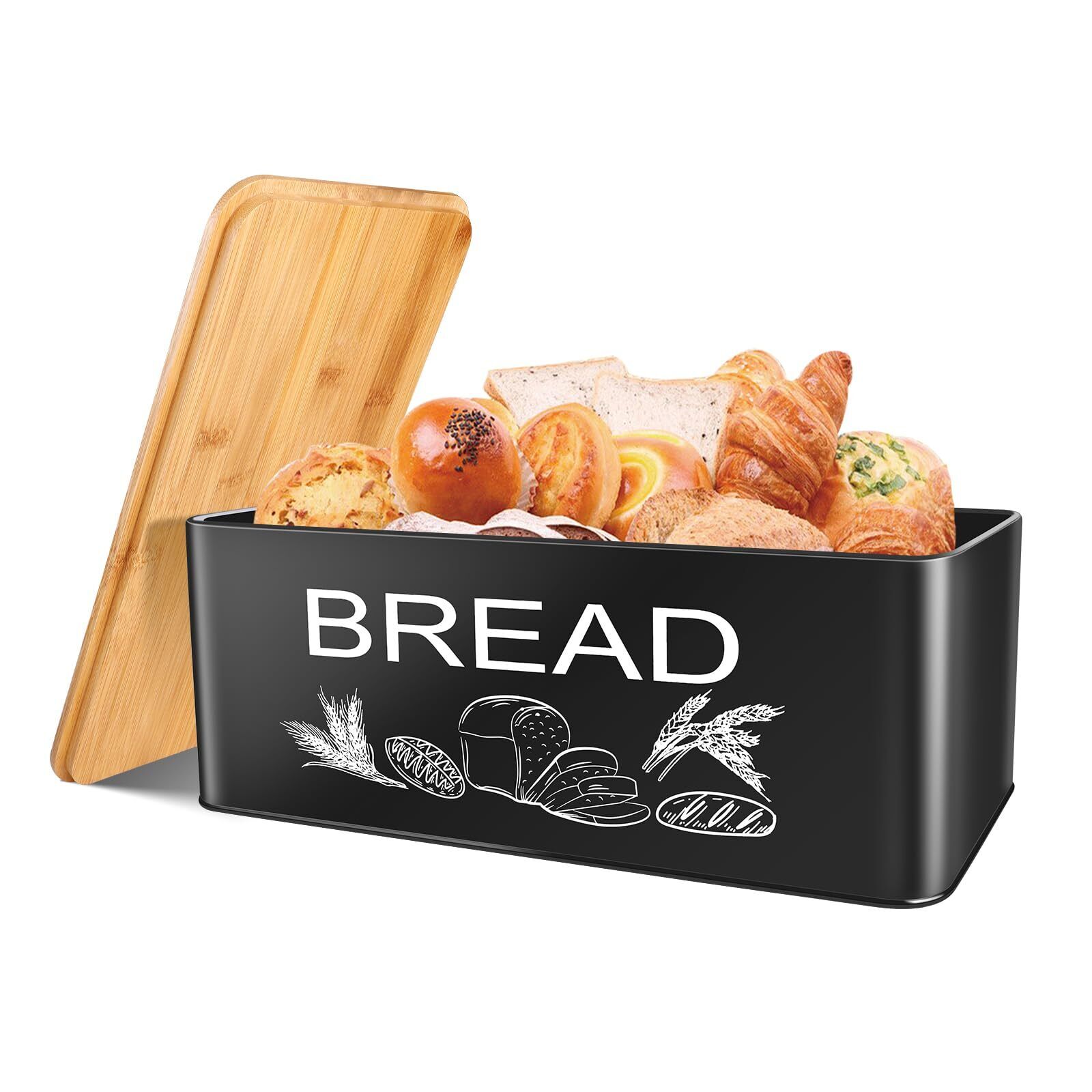 Black Metal Bread Box with Wooden Cutting Board Lid Farmhouse Kitchen Storage