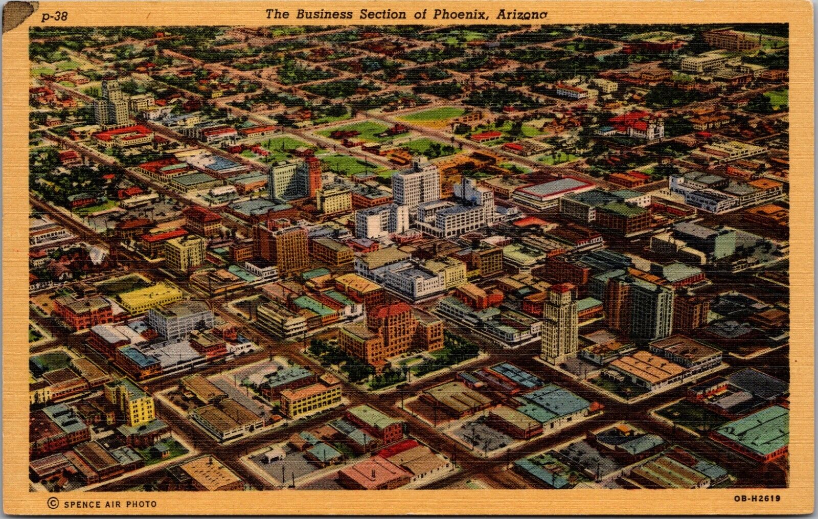 Phoenix AZ 1940 Business Section Downtown Aerial Spence Teich Linen Postcard UNP