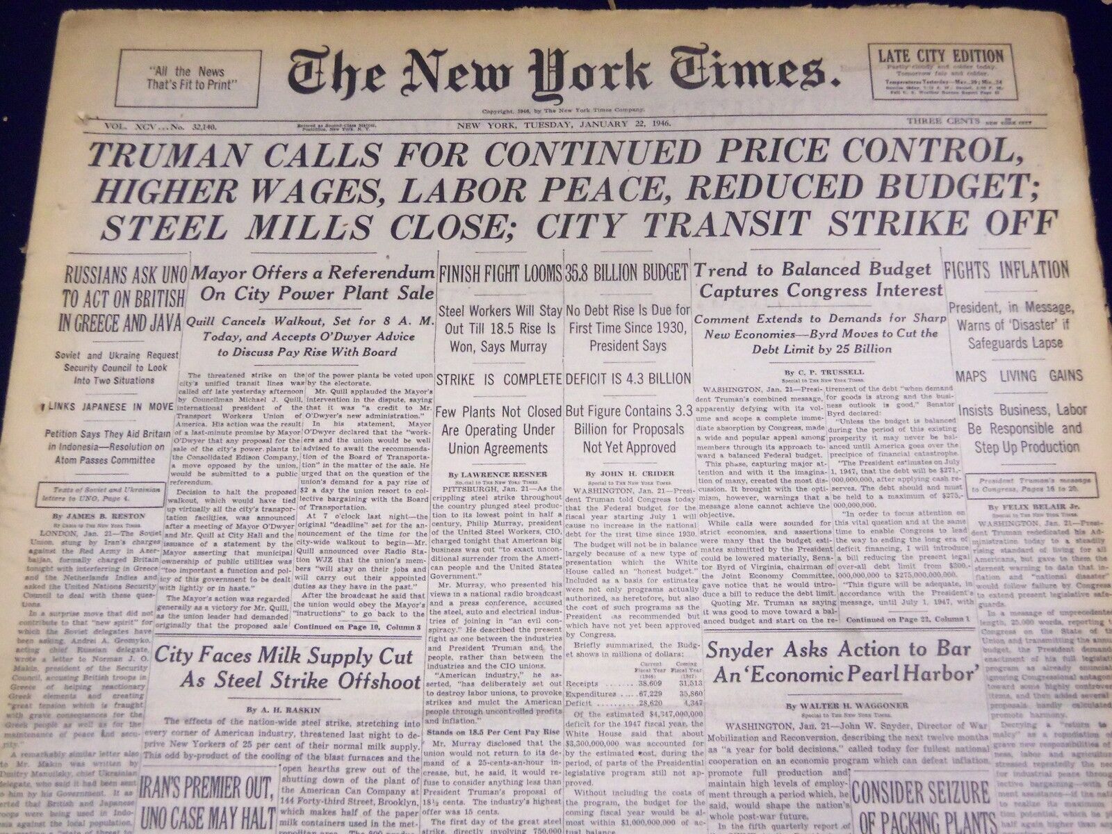 1946 JAN 22 NEW YORK TIMES - STEEL MILLS CLOSE CITY TRANSIT STRIKE OFF - NT 884