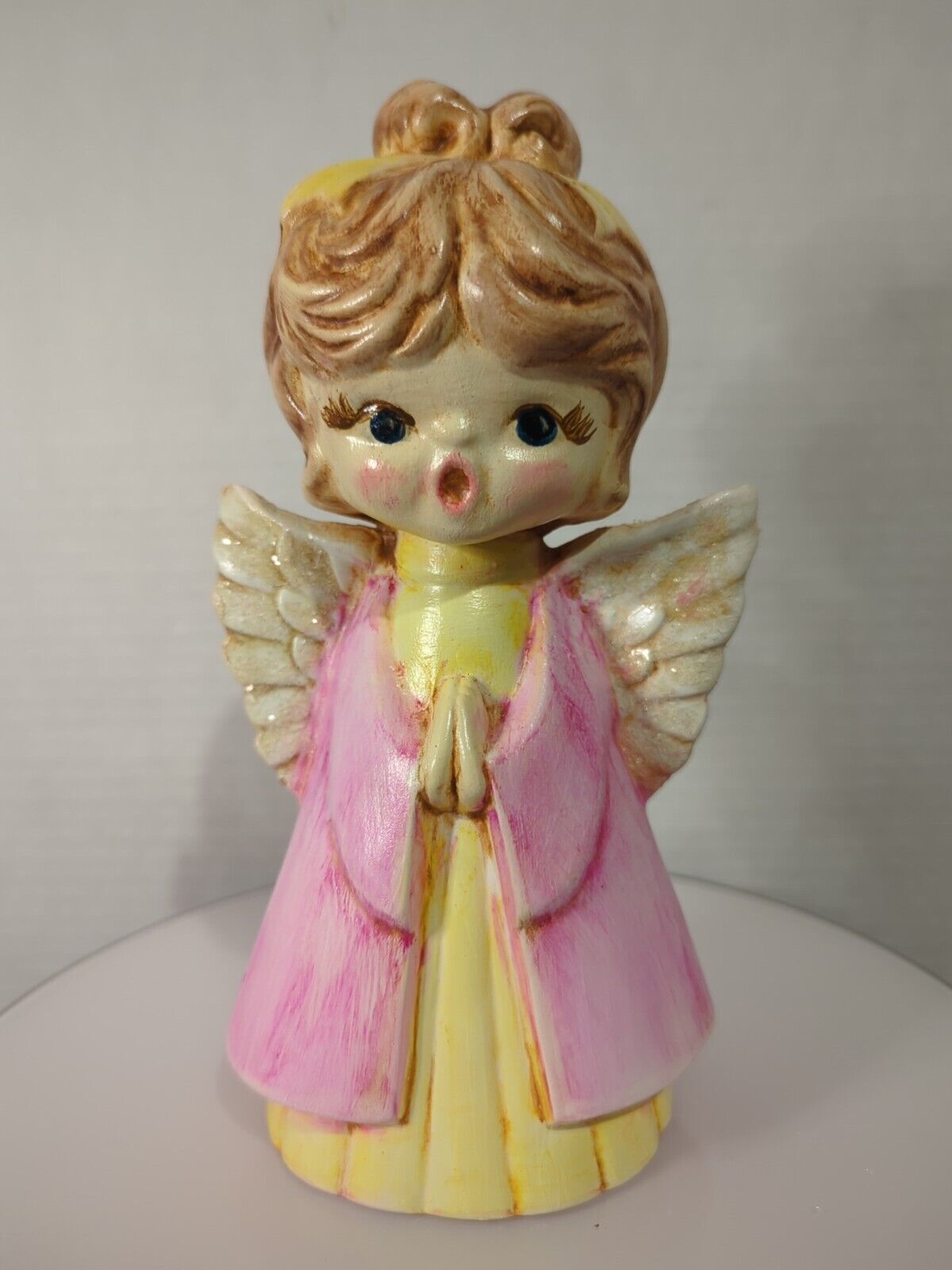 Vintage 1970\'s Ceramic 7.5\'\' Angel In Pink, Yellow, And Sparkling Glitter Wings