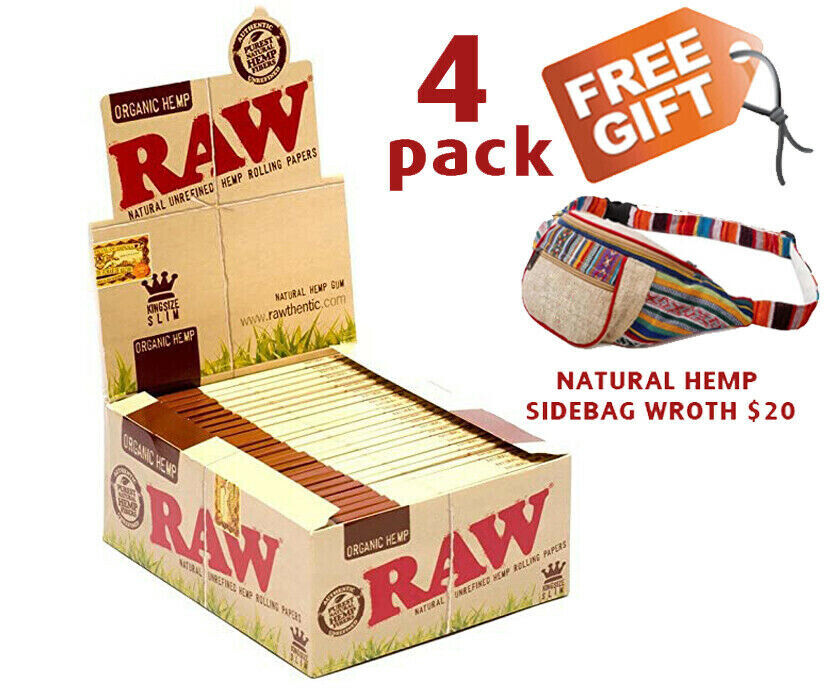 4 Pack Lot Raw Organic King Size Slim Rolling Papers Full Box 50 Packs Free Gift