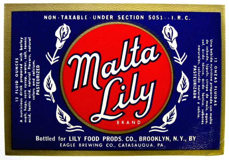 Lily Foods by Eagle Brewing  MALTA LILY beer label NY 12 oz