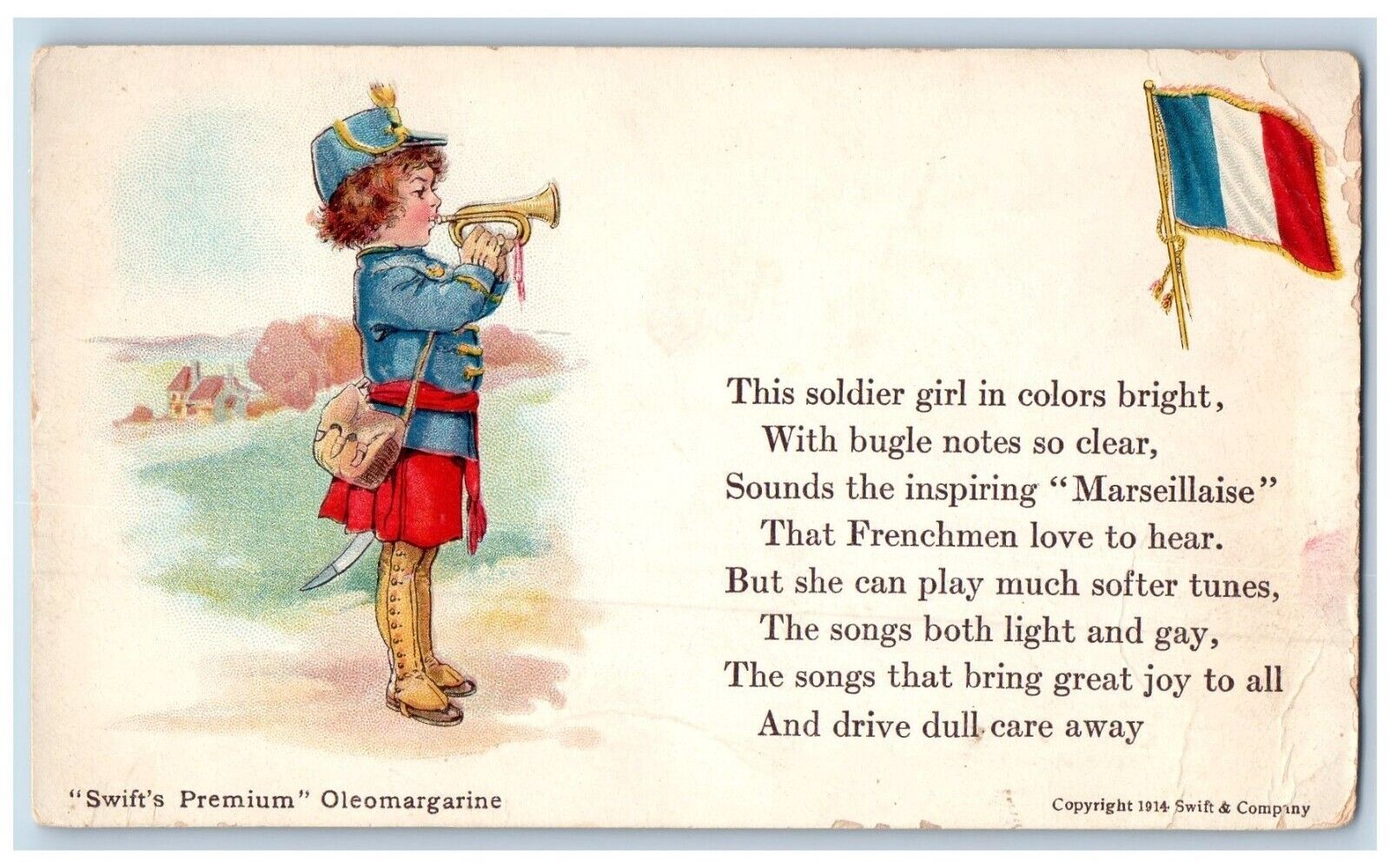 Soldier Girl Postcard Trumpet Swift\'s Premium Oleomargarine Flag c1910\'s Antique