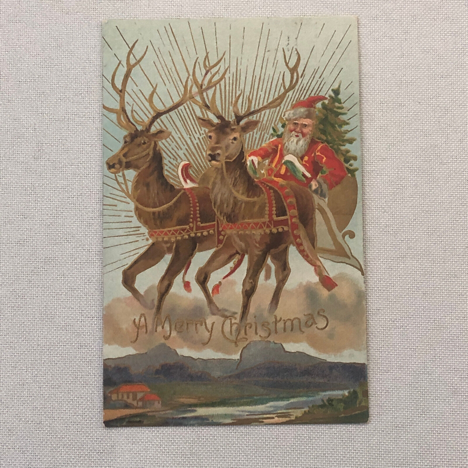Christmas Postcard Post Card Vintage Embossed Antique 1909 Santa Claus Reindeer