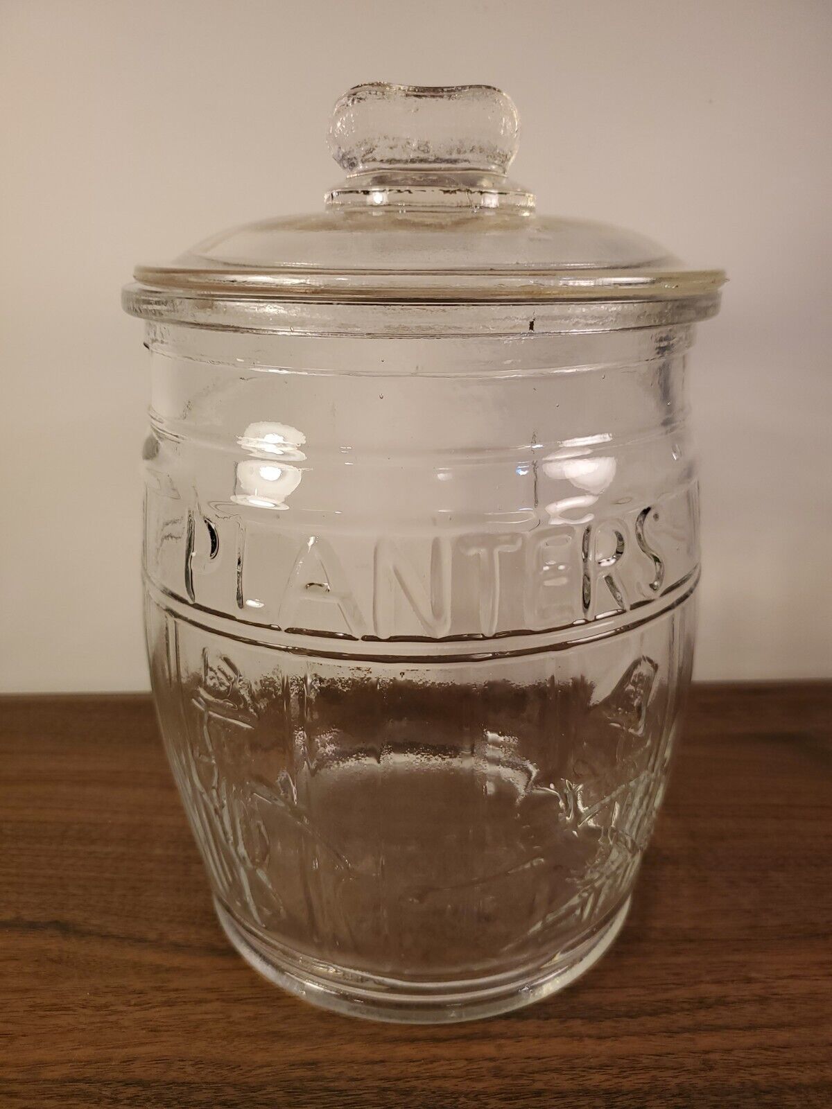 Vintage Planters Mr Peanut Embossed Glass Counter Storage Jar Peanut Handle Lid