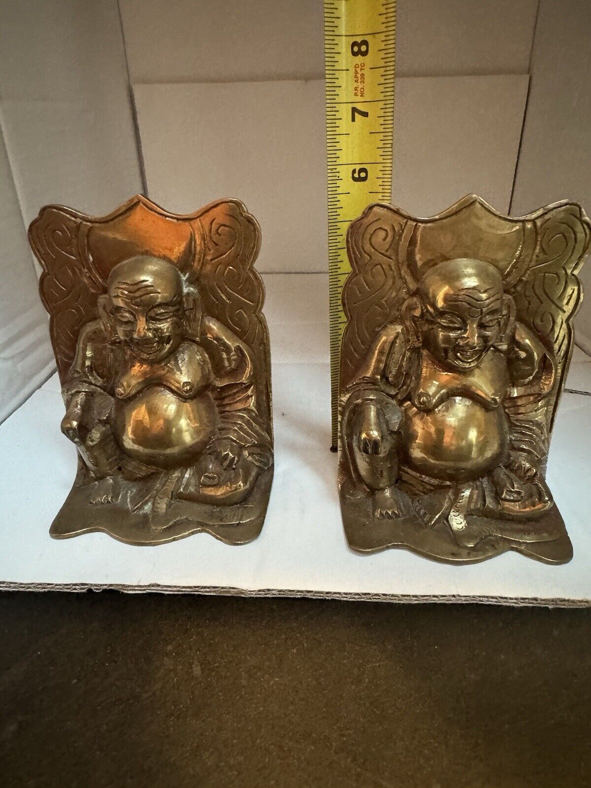 Vintage Antique Polished Brass Happy Buddha Bookends