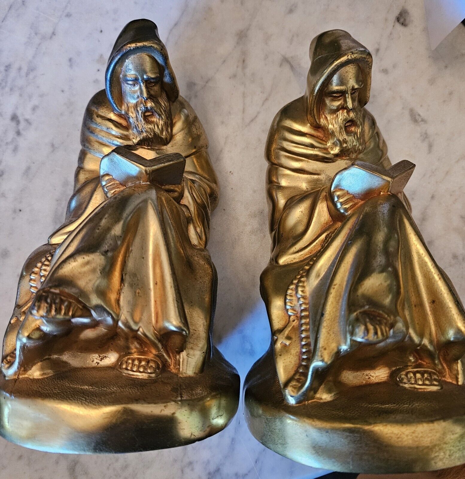 c1920\'s Pair of Antique ARMOR BRONZE Bookend Priest Monk with Rosary Bronze-Clad