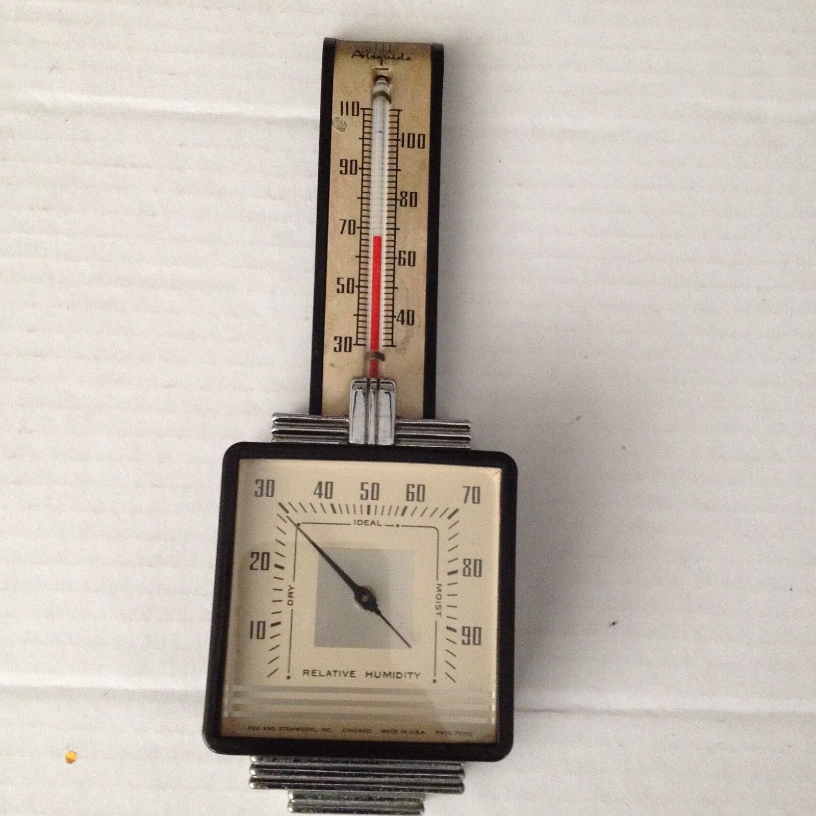 VINTAGE AIRGUIDE ART DECO METAL HYGROMETER THERMOMETER FEE AND STEMWEDEL IDEAL