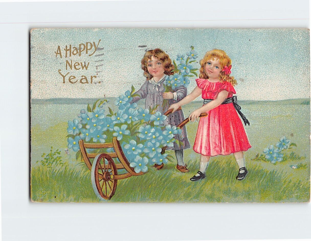 Postcard Embossed Two Little Girls Art Print Greeting Card A Happy New Year