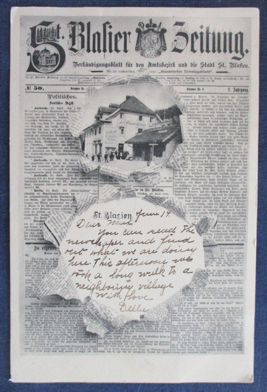 1903 St Blasien Germany Newspaper Tear Through Greeting Postcard & Cancel to US