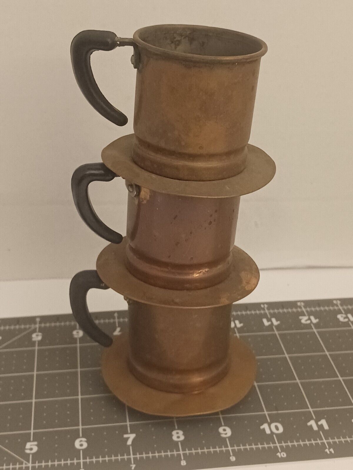 3 Antique Stacking Copper Tea, Coffee Espresso Filter Sits On Top Of Cup RARE