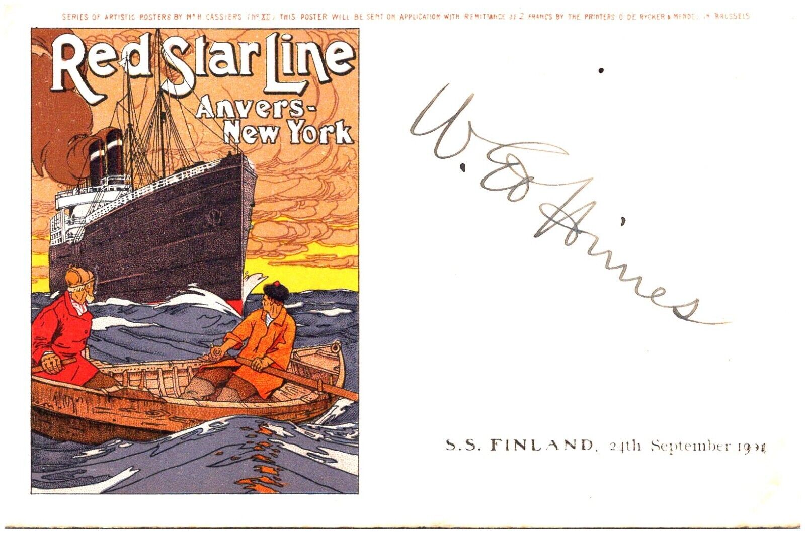 SS Finland Private Mailing Card Poster Image by H. Cassiers,  New York-Antwerp
