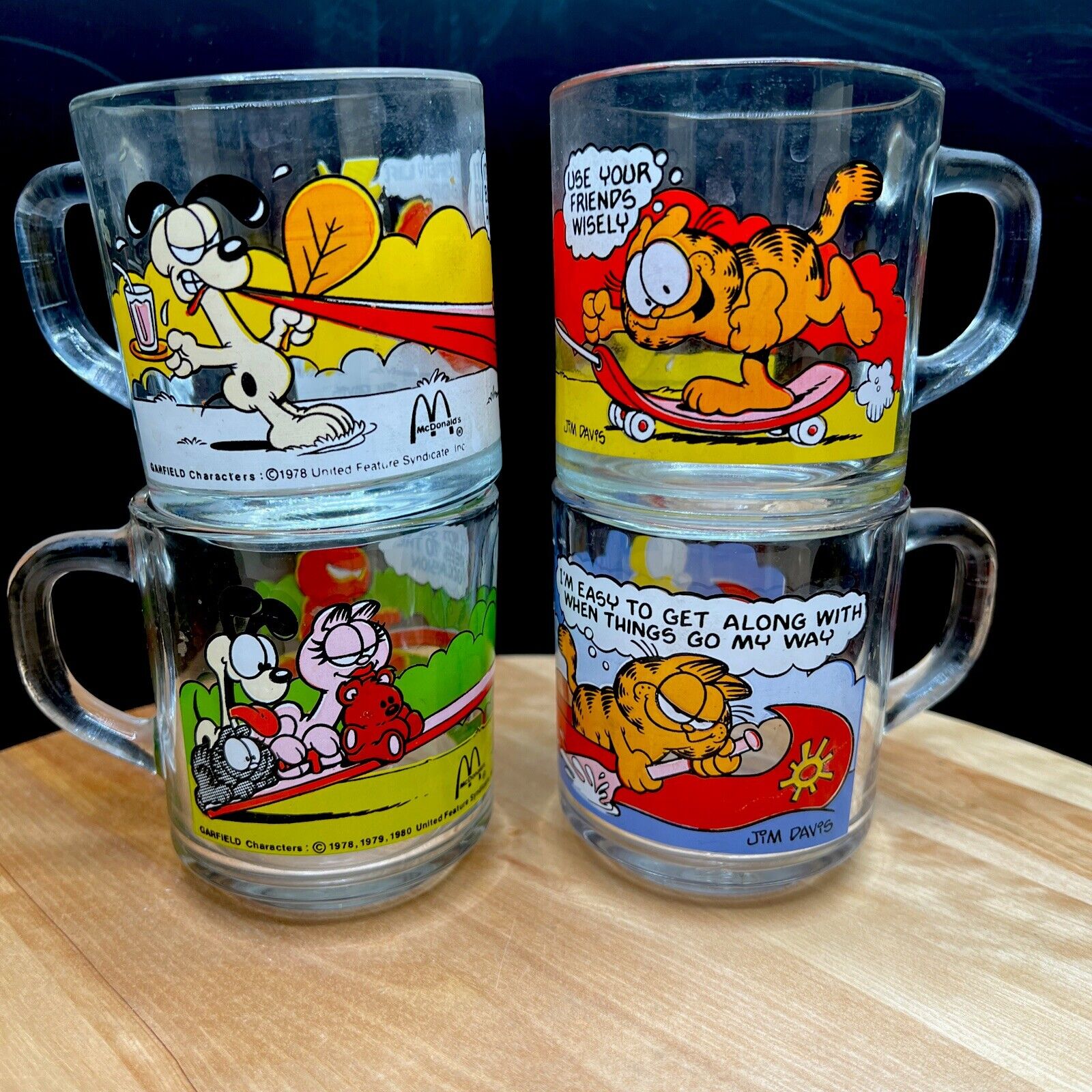 1978 Vintage McDonald\'s Garfield Mugs Set Of 4 Clear Glass Anchor Hocking
