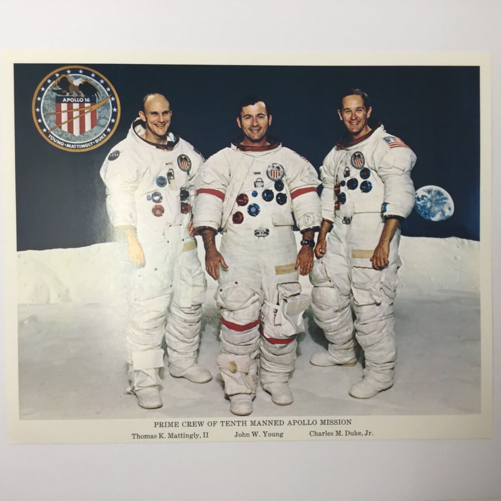 vintage NASA lithography Apollo 16 Prime Crew of 10th Manned mission 1972