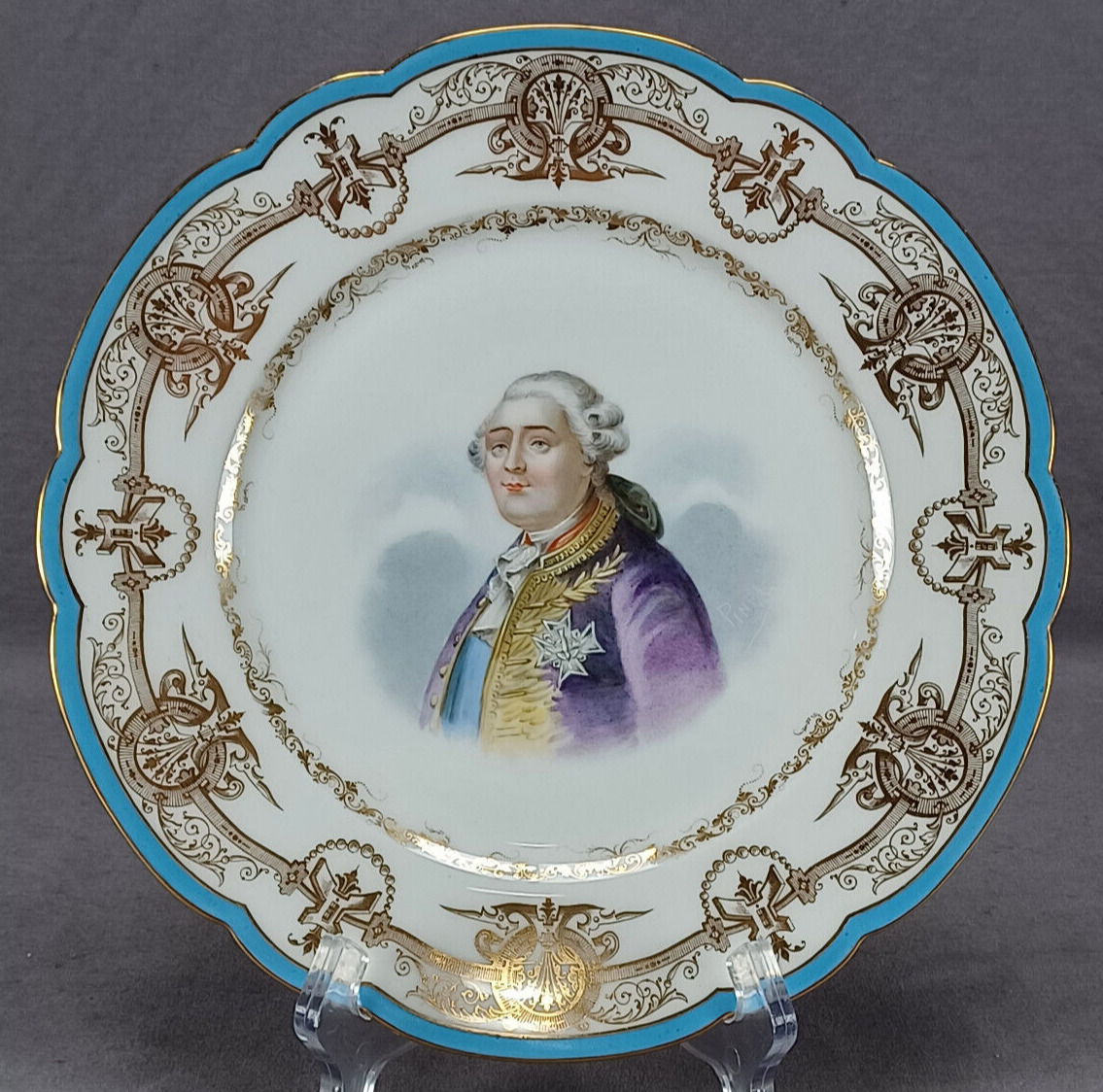 Sevres Style King Louis XVI Hand Painted Blue & Gold Portrait 9 1/2 Inch Plate 