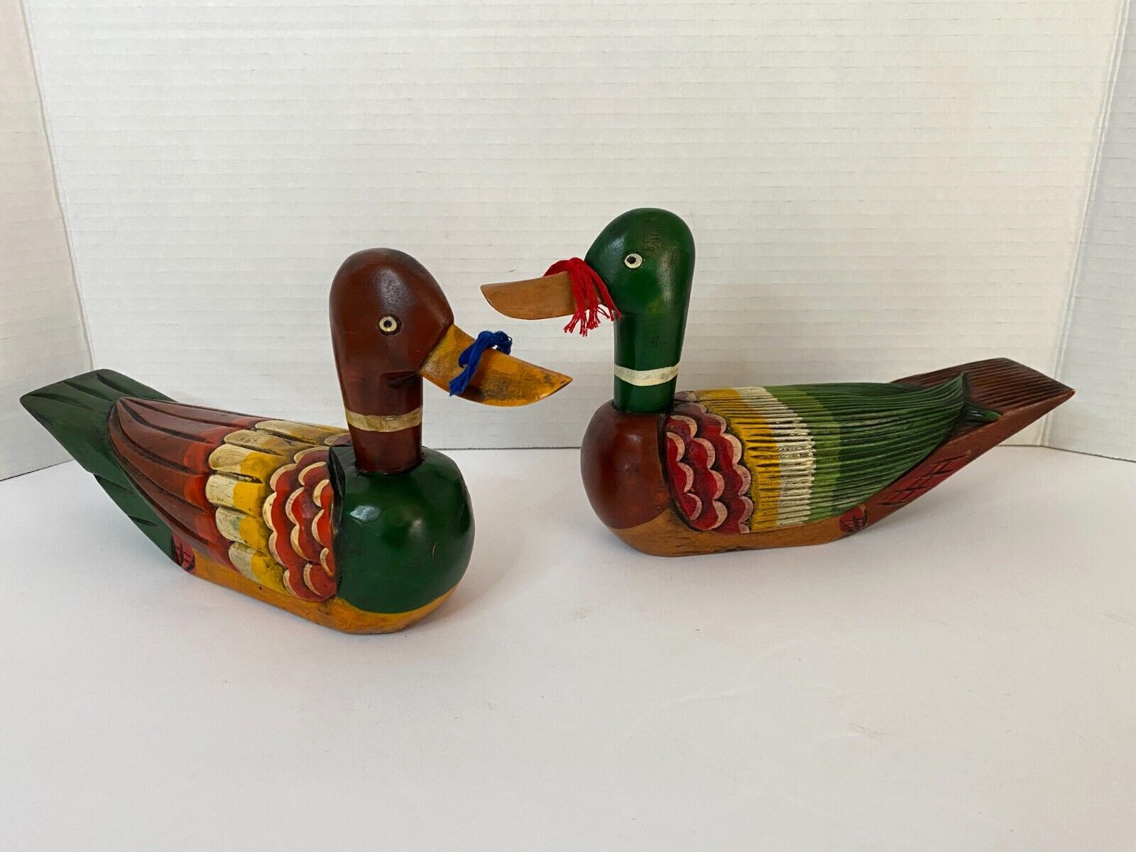 Korean Wedding Ducks Wood Hand-Carved Hand-Painted Pair Red Blue Strings Vintage
